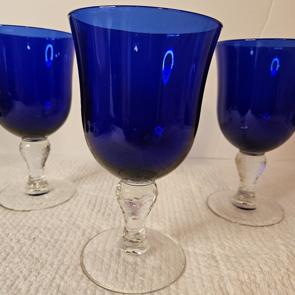 Vintage Collectible COBALT BLUE Blown Glass Goblet - Elegant Hammered Stem